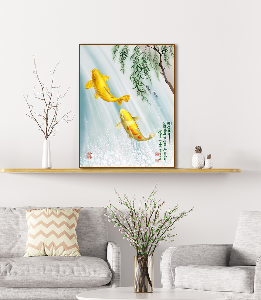 돈 들어오는 잉어 그림 비단 풍수 인테리어 캔버스액자 황금잉어 구어도 6호41x27cm