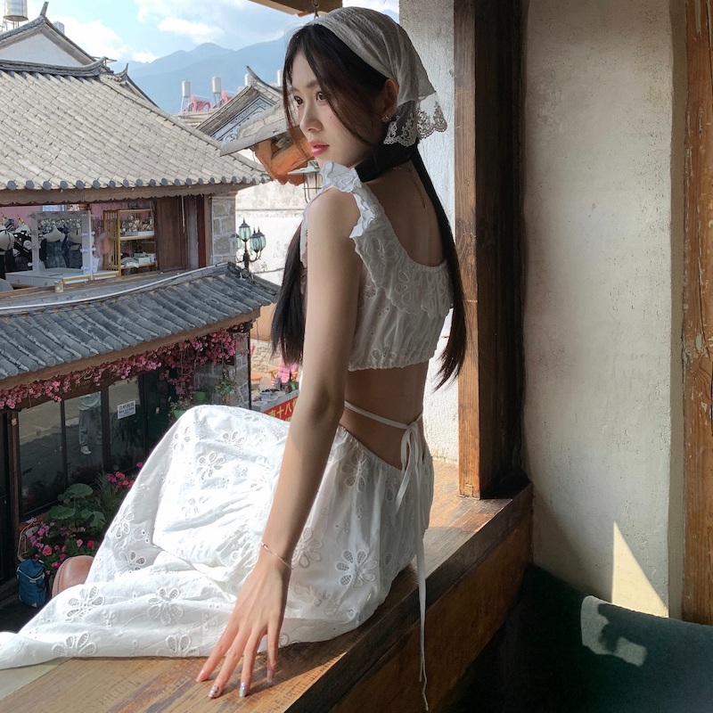 한소희 원피스 레이스 인스타그램 휴양지 플리츠 의상 옷 패션 - 상품 이미지