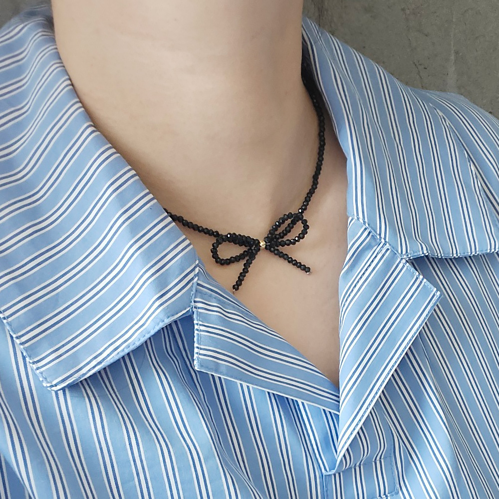 크리스탈 비즈 리본 목걸이 레드 블랙 키치룩 초커 - 상세 이미지 5