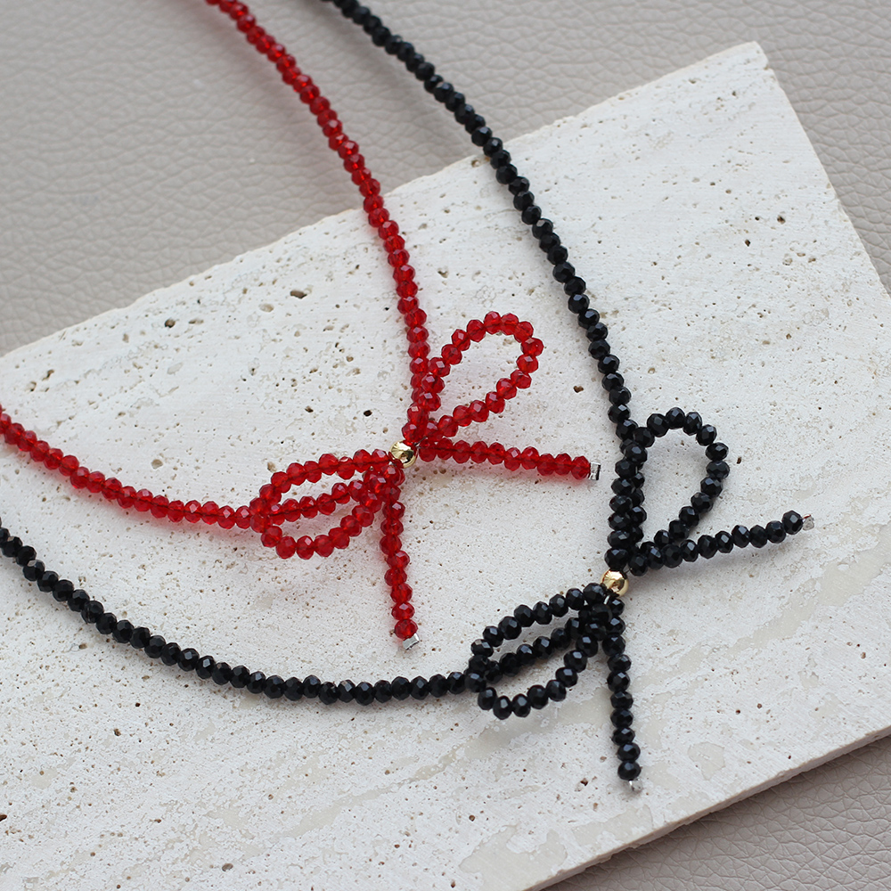 크리스탈 비즈 리본 목걸이 레드 블랙 키치룩 초커 - 상품 이미지