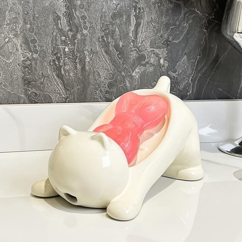고양이 비누 홀더 세라믹 케이스 욕실 주방 용품 받침대 물빠짐 귀여운 - 상세 이미지 2