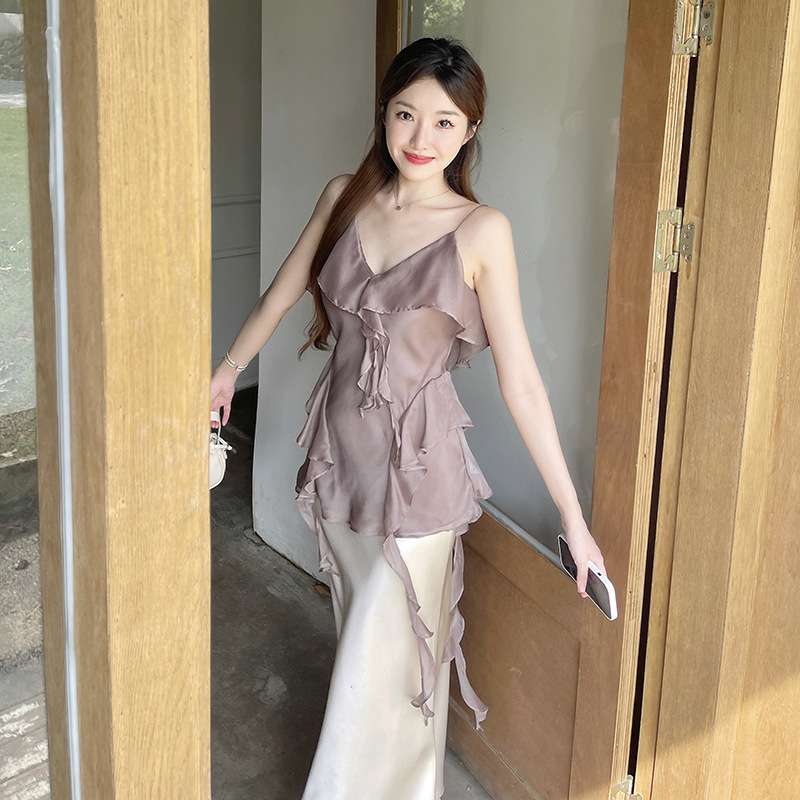 3Col 수입 루이스 뷔스티에 실크 프릴 슬리브리스 슬립 나시 탑 블라우스 : 리앤무드