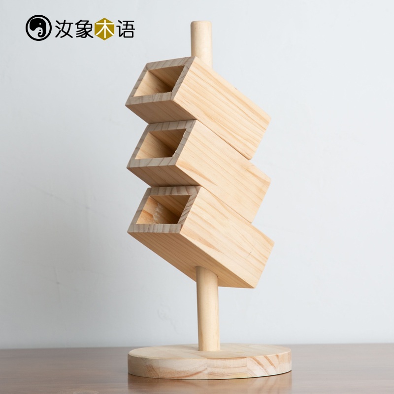 우드 연필꽂이 원목 인테리어 카페 사무실 정리함 회전식 3단 분리 필기구 - 상세 이미지 3