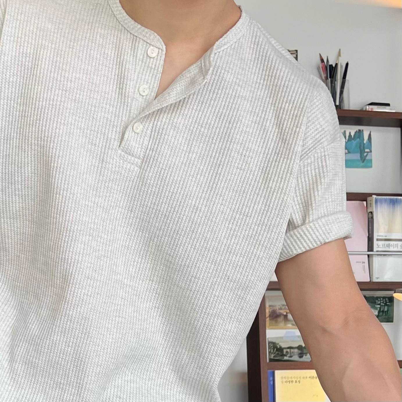 1+1 헨리넥반팔 와플헨리넥 헨리넥티셔츠 - 상세 이미지 3