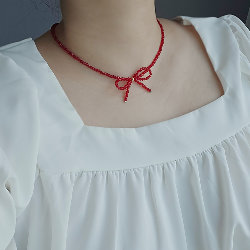 크리스탈 비즈 리본 목걸이 레드 블랙 키치룩 초커 - 상세 이미지 2