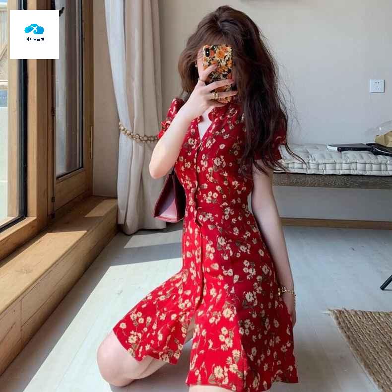 빨간색원피스 플라워 여름 여성 바캉스 해변 - 상품 이미지