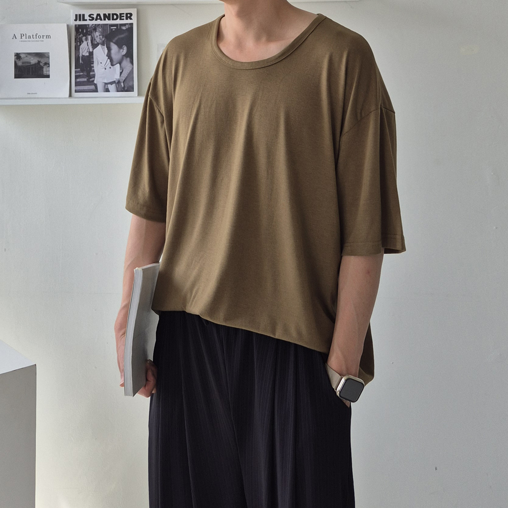 남자 반팔티 오버핏 실켓 유넥 U넥 이너 반팔 티셔츠 - 상품 이미지