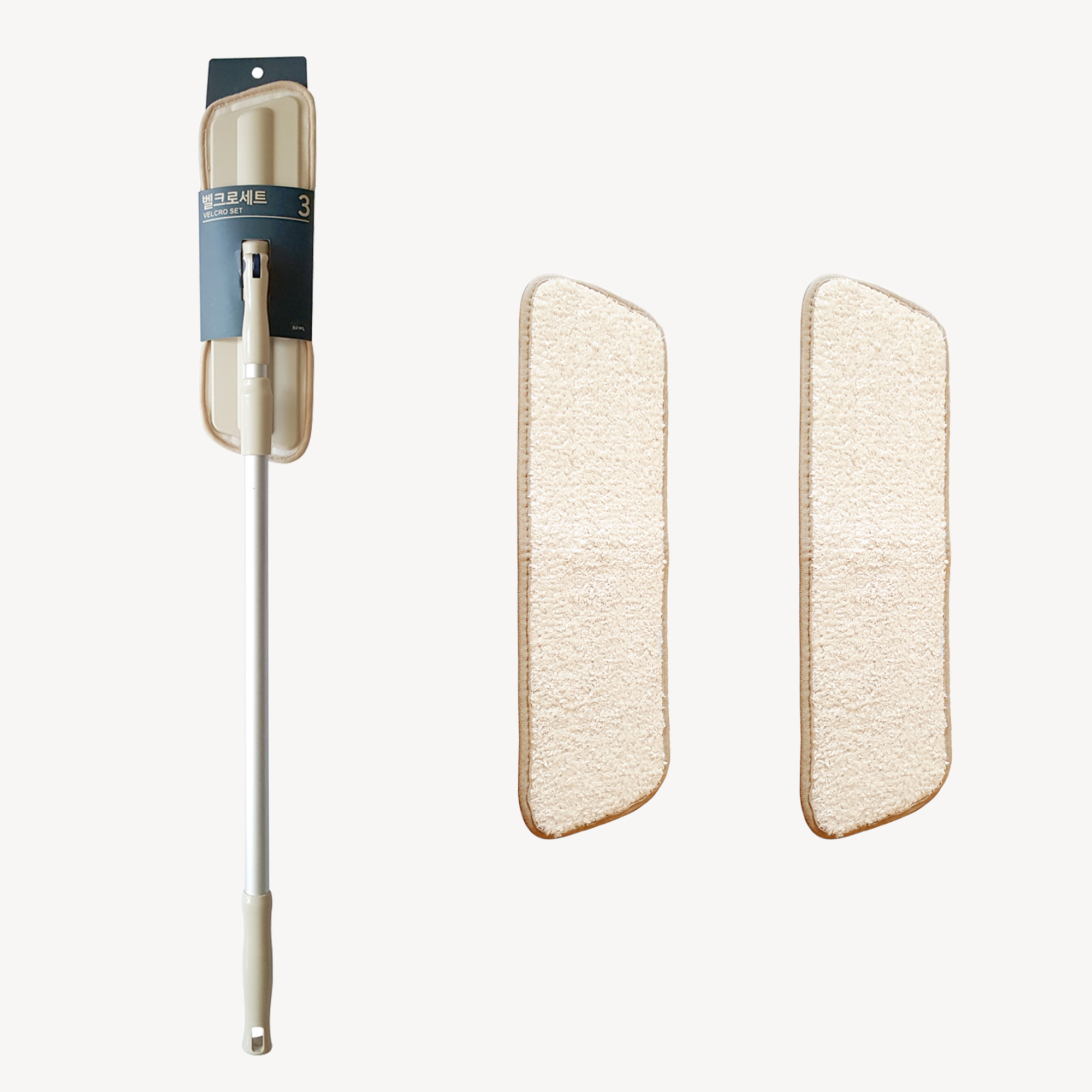 필굿리빙 바닥 청소 물걸레 막대 극세사 벨크로 밀대걸레 + 리필 2P, 아이보리