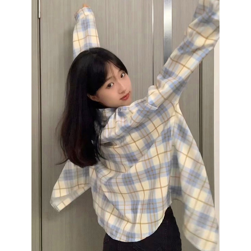 에스파 윈터 셔츠 블라우스 체크 인스타그램 간절기 파스텔 의상 옷 패션 - 상세 이미지 2