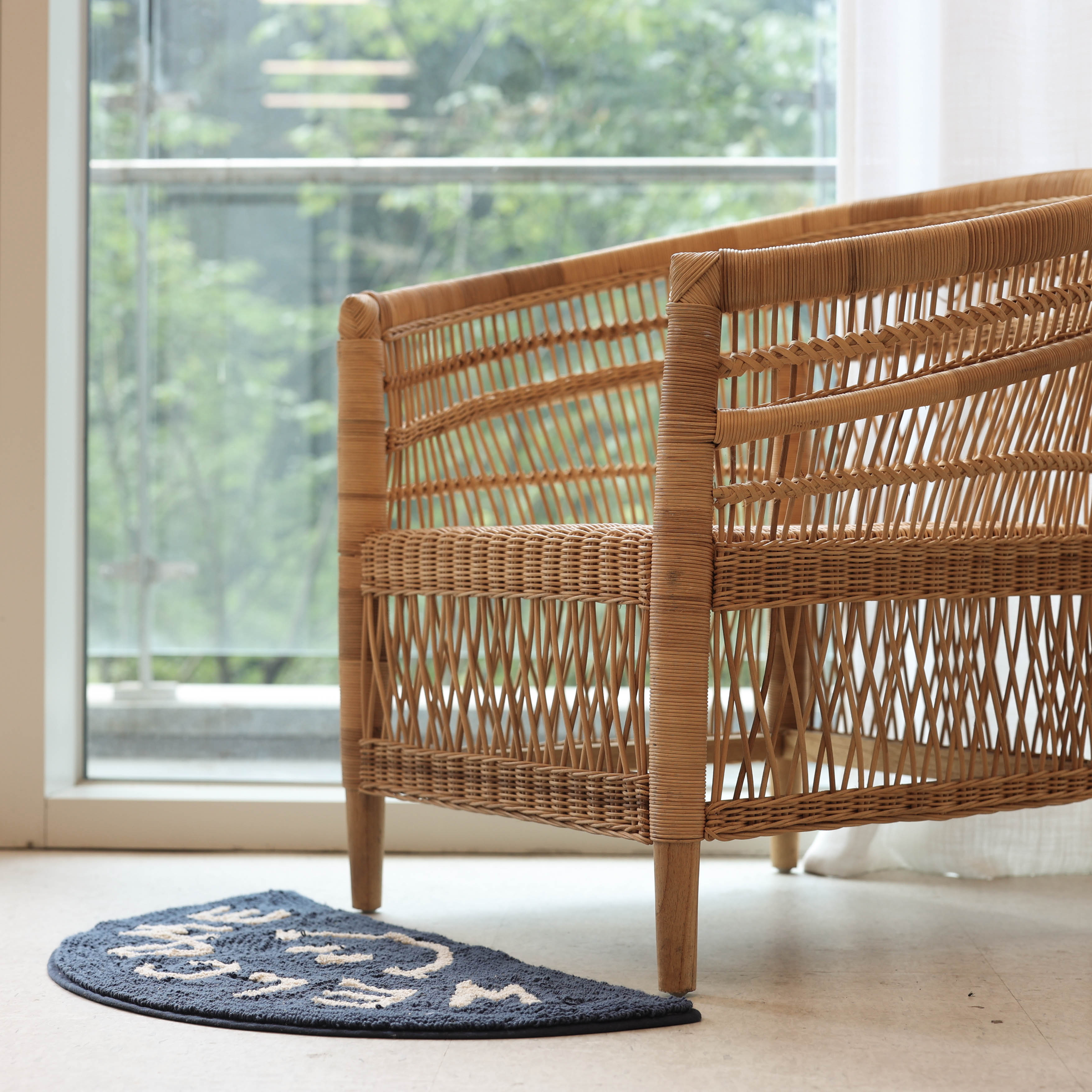 웰컴 스마일 블루 반달 순면 욕실 발매트