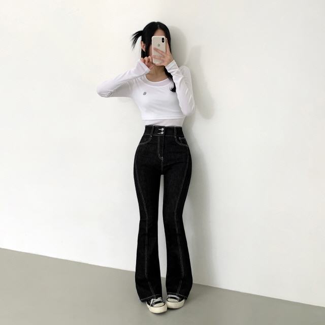 [3단기장!/골반패드] 젤라니 논페이드 투버튼 스티치 골반볼륨 스판 청바지 하이웨스트 세미 부츠컷 생지 데님 팬츠 상세 이미지 31