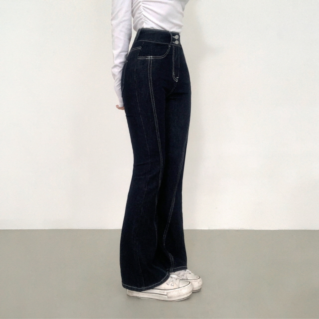 [3단기장!/골반패드] 젤라니 논페이드 투버튼 스티치 골반볼륨 스판 청바지 하이웨스트 세미 부츠컷 생지 데님 팬츠 상세 이미지 57