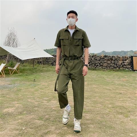카키 점프 슈트 아메카지 남성용 멜빵바지 스트릿 패션 반팔 여름 - 상품 이미지