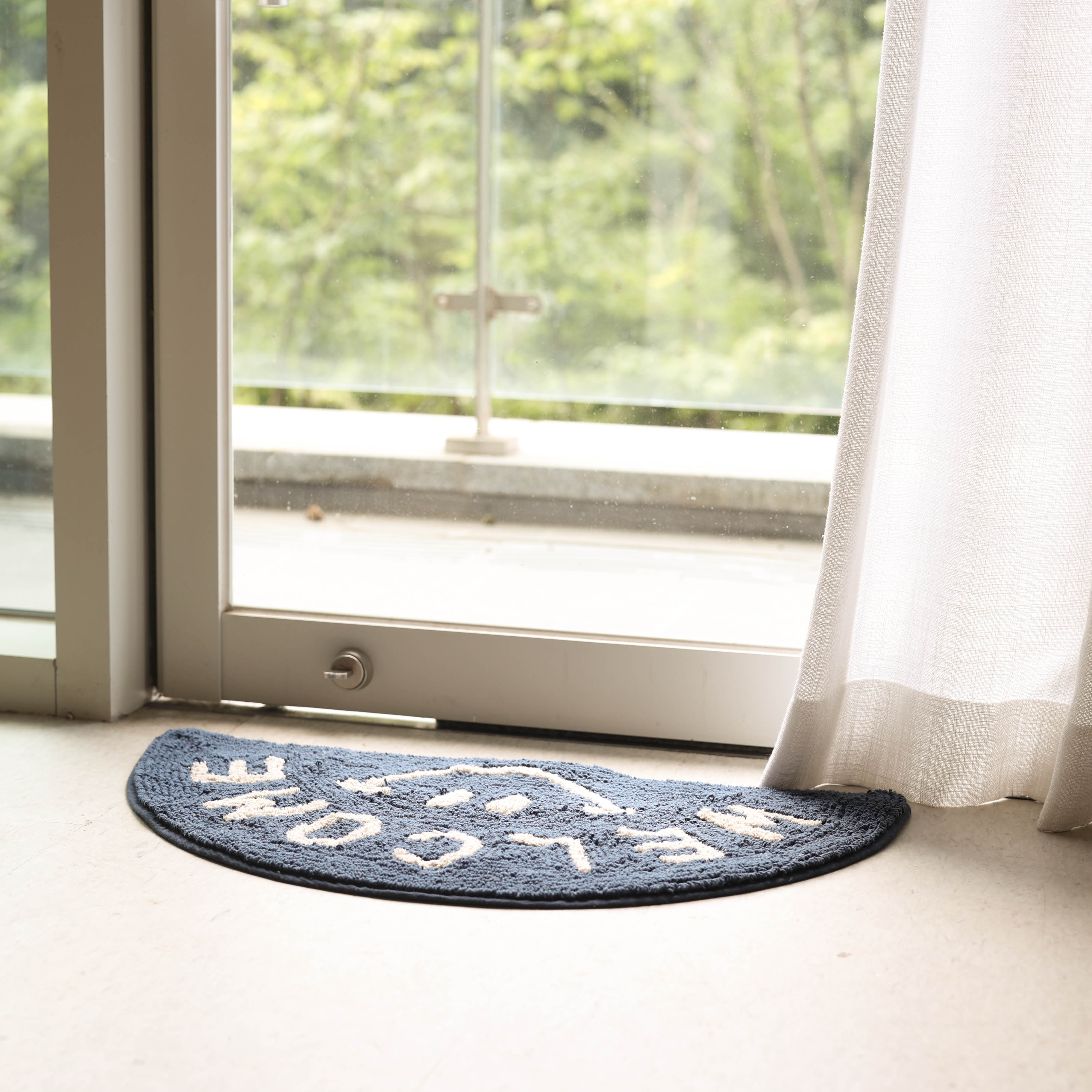 웰컴 스마일 블루 반달 순면 욕실 발매트