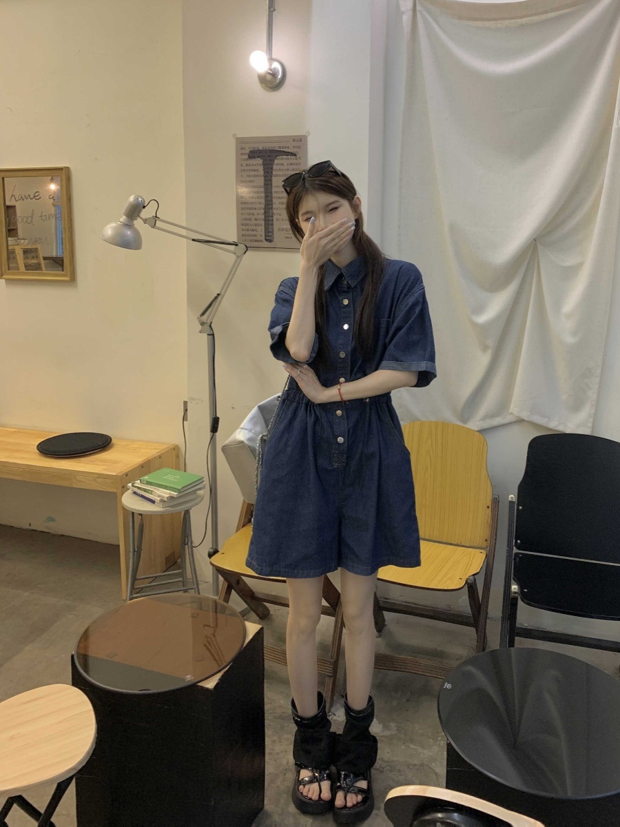 여성용 데님 점프 수트 연청 여름 반팔 반바지 휴양지 진청 버클 - 상세 이미지 3