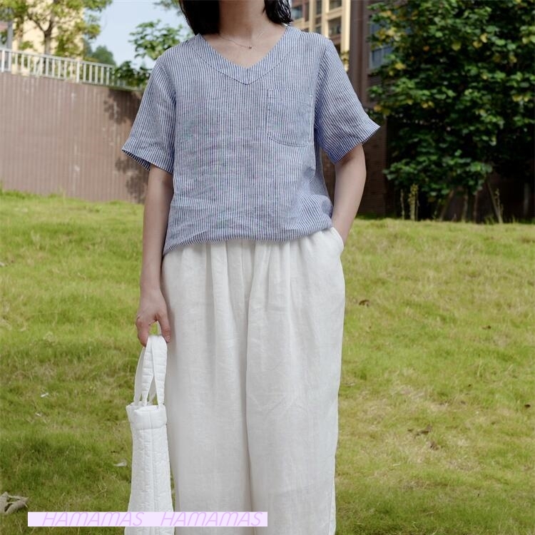 린넨티셔츠 브이넥 반팔 포켓 린넨블라우스 - 상세 이미지 2
