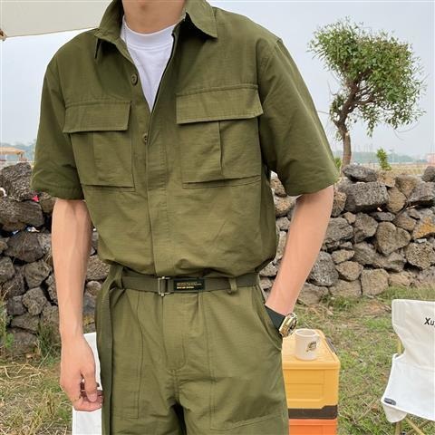 카키 점프 슈트 아메카지 남성용 멜빵바지 스트릿 패션 반팔 여름 - 상세 이미지 4