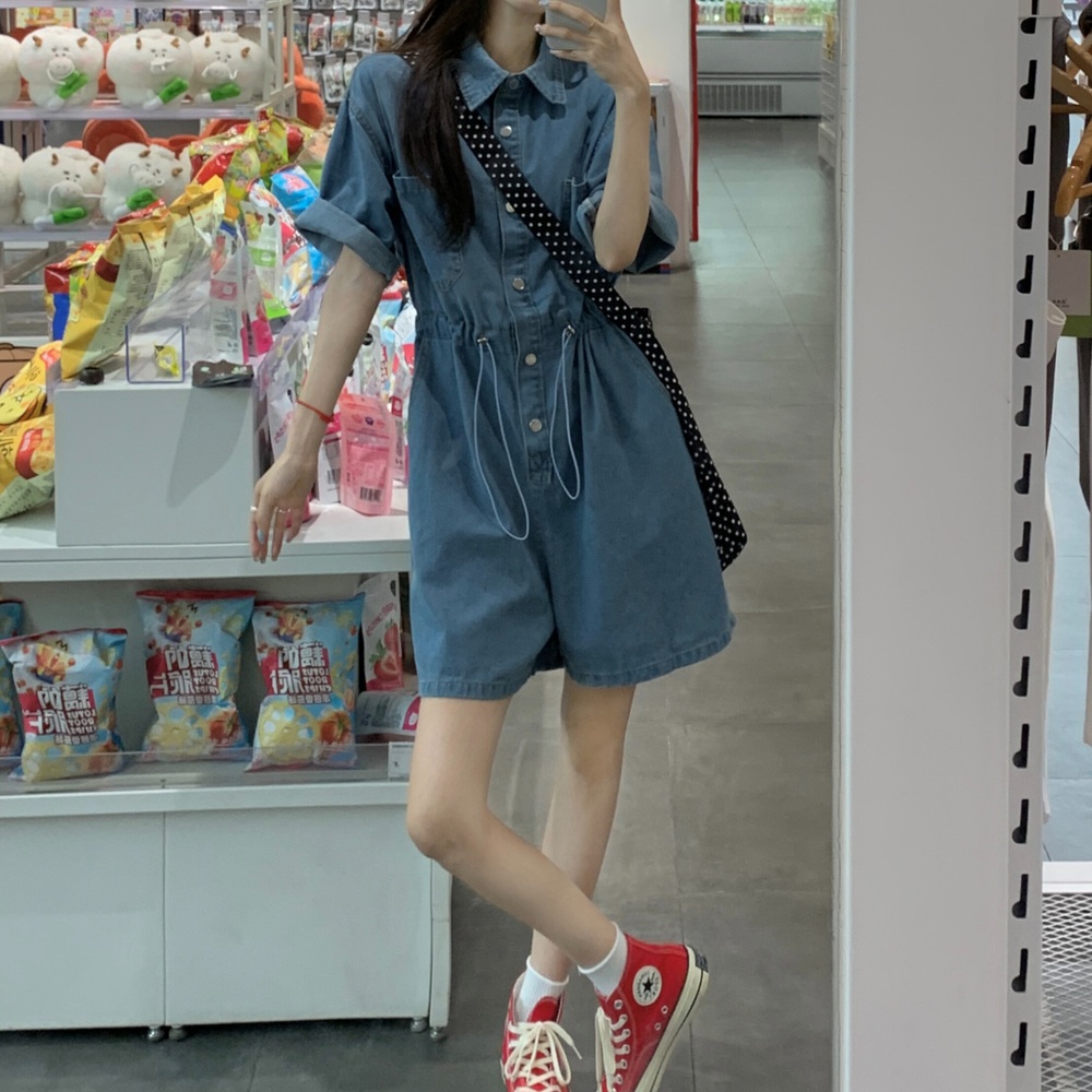 여성용 데님 점프 수트 연청 여름 반팔 반바지 휴양지 진청 버클 - 메인 이미지