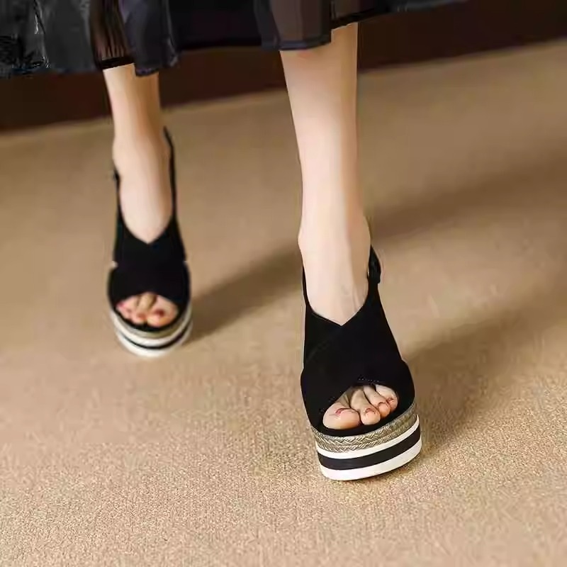 여성용 키 높이 신발 10cm X자 스트랩 통굽 웨지힐 샌들 슬리퍼 - 상세 이미지 4