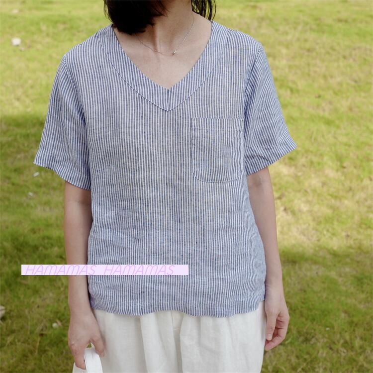 린넨티셔츠 브이넥 반팔 포켓 린넨블라우스 - 메인 이미지