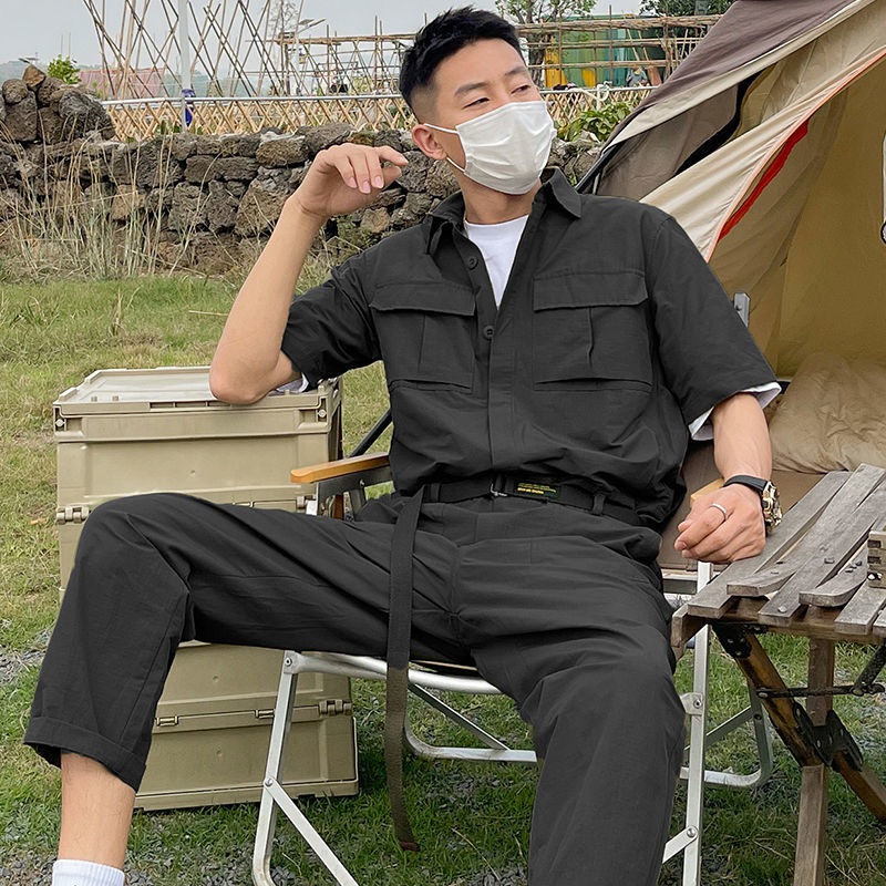 카키 점프 슈트 아메카지 남성용 멜빵바지 스트릿 패션 반팔 여름 - 상세 이미지 3
