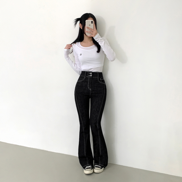 [3단기장!/골반패드] 젤라니 논페이드 투버튼 스티치 골반볼륨 스판 청바지 하이웨스트 세미 부츠컷 생지 데님 팬츠 상세 이미지 30