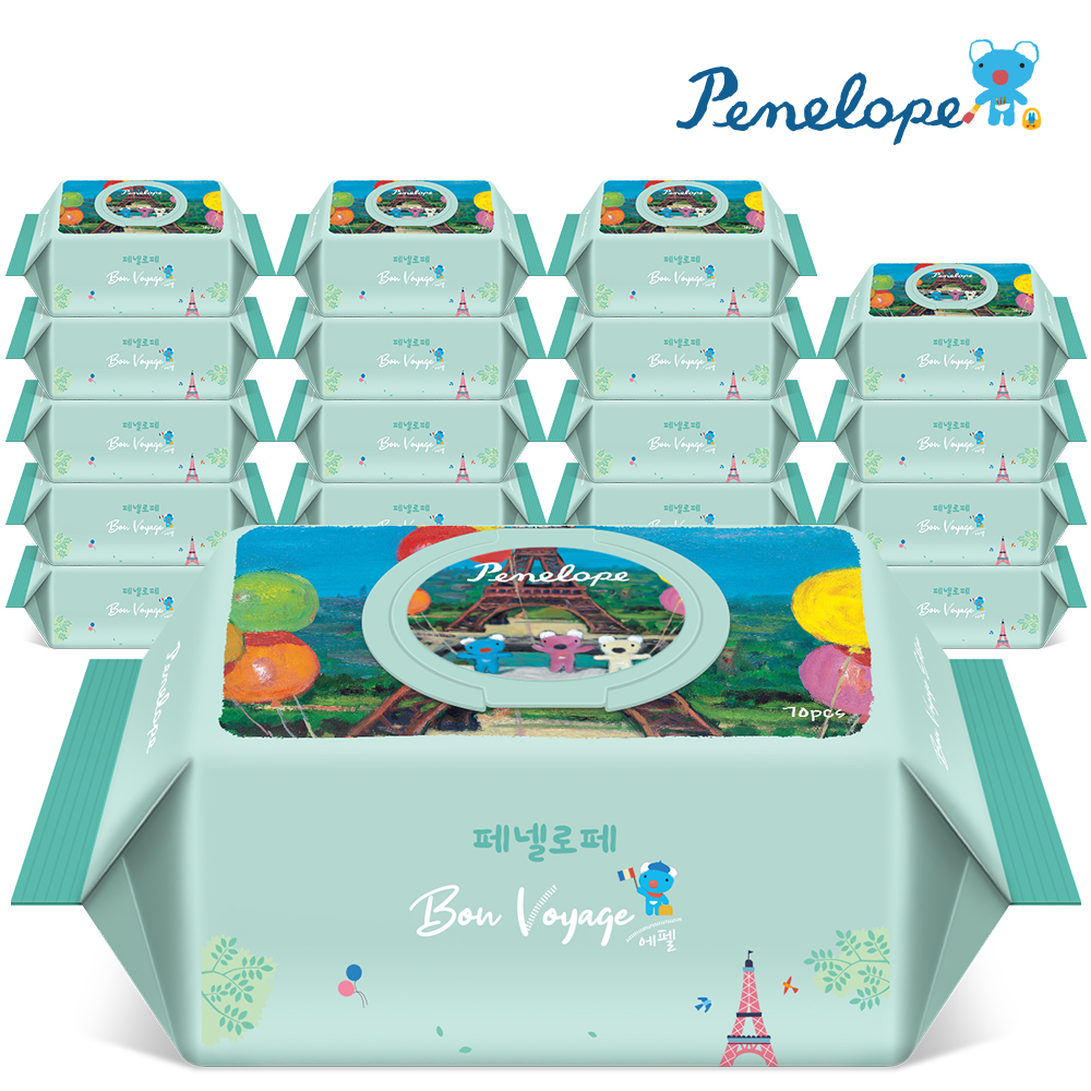페넬로페 프리미엄 아기물티슈 본보야지 에펠 캡형 70매 10팩+10팩 - 상품 이미지