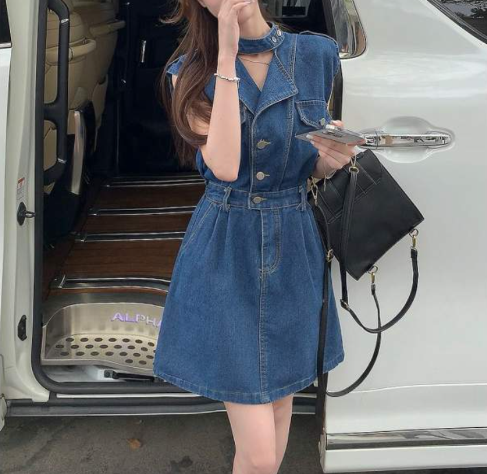 여자 초커 데님원피스 밴딩 홀터넥 카라 A라인 청원피스 : 바인 블랙