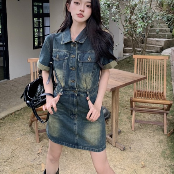 데님 반팔 원피스 슬림핏 클럽룩 빈티지 레트로 워싱 A라인 힙한 Y2K 캐주얼 여름 - 상품 이미지