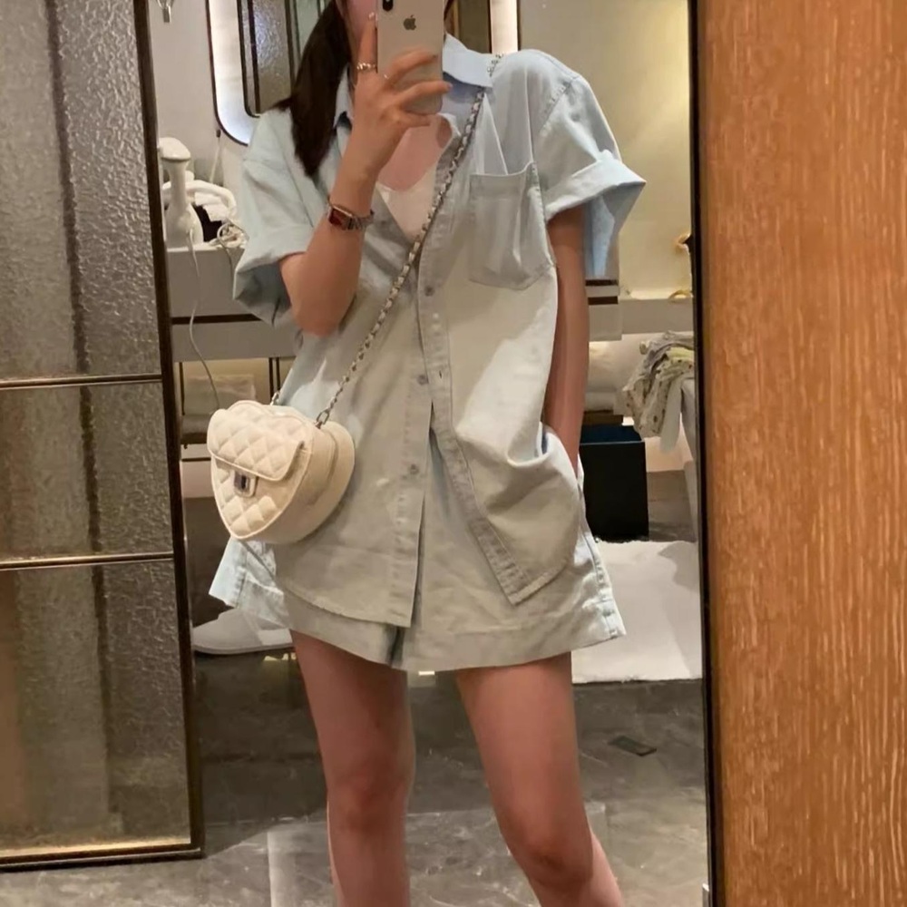 데님 반팔반바지 세트 밴딩 빈티지 연청 와이드 루즈핏 여름 휴가 패션 코디 캐주얼 청청룩 - 상품 이미지