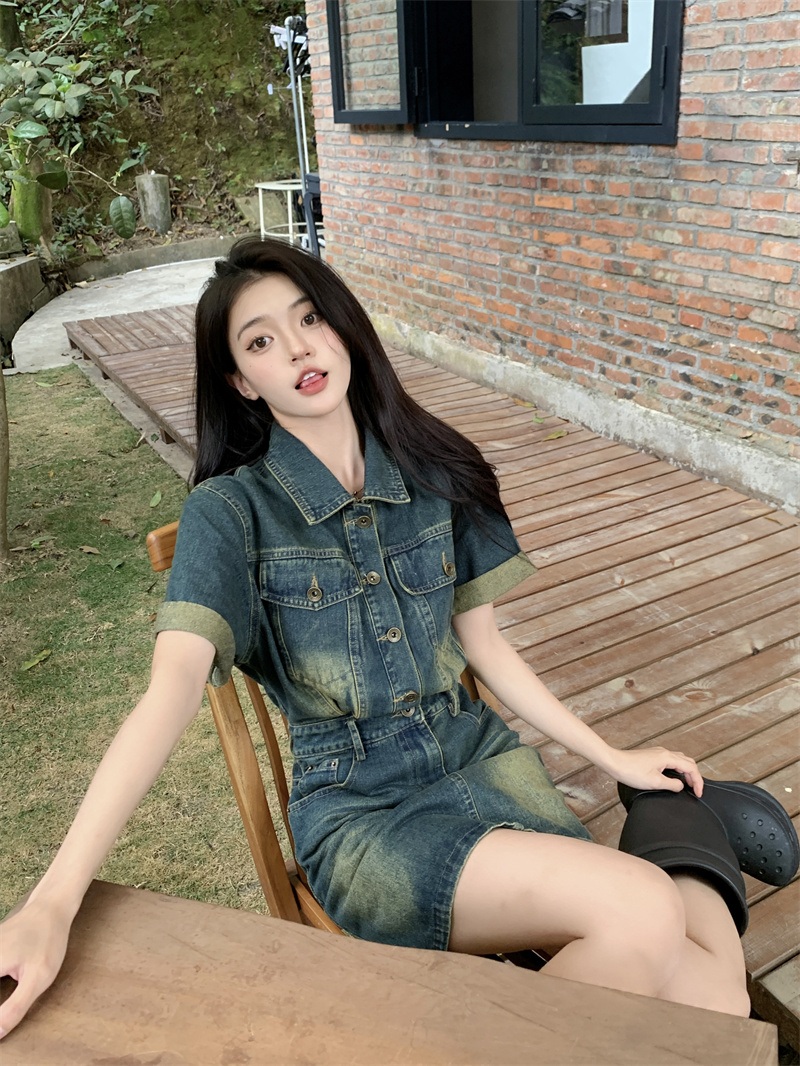 데님 반팔 원피스 슬림핏 클럽룩 빈티지 레트로 워싱 A라인 힙한 Y2K 캐주얼 여름 - 상세 이미지 4