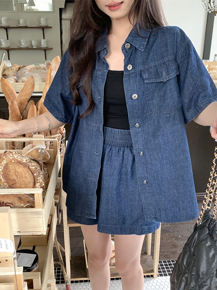 데님 반팔셔츠 반바지 세트 코디 투피스 진청 여행 여름 루즈핏 빅사이즈 얇은 밴딩 4XL - 상세 이미지 4