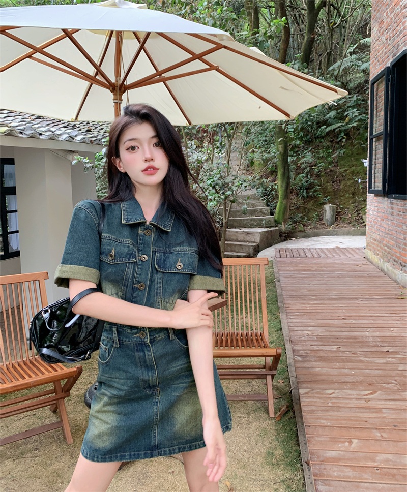 데님 반팔 원피스 슬림핏 클럽룩 빈티지 레트로 워싱 A라인 힙한 Y2K 캐주얼 여름 - 상세 이미지 2
