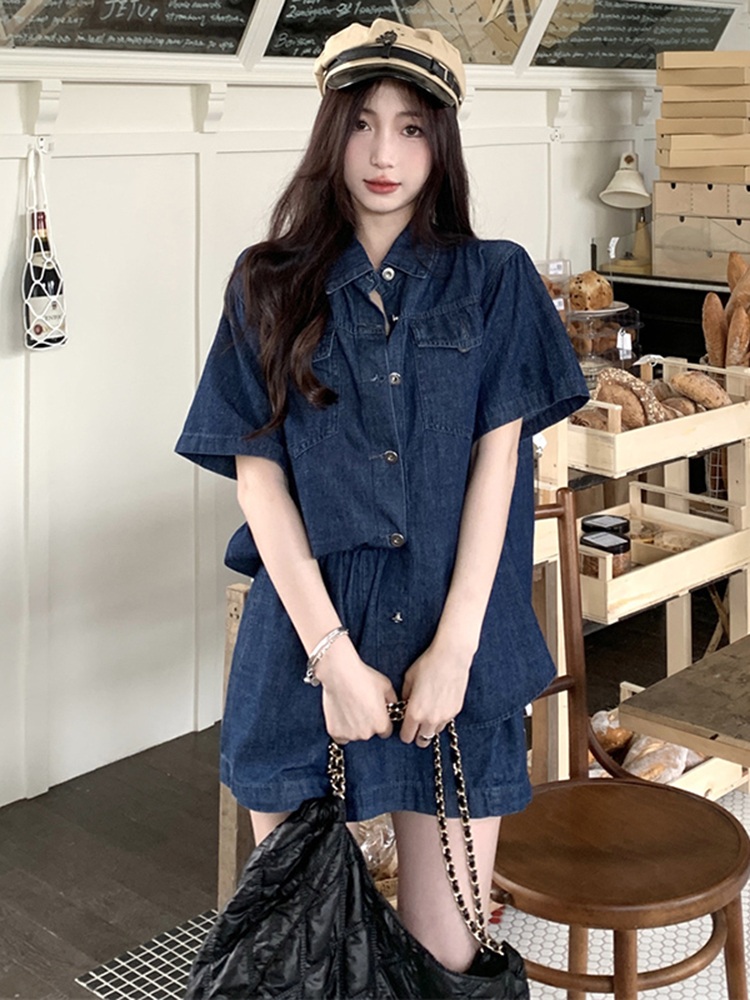 데님 반팔셔츠 반바지 세트 코디 투피스 진청 여행 여름 루즈핏 빅사이즈 얇은 밴딩 4XL - 상세 이미지 5