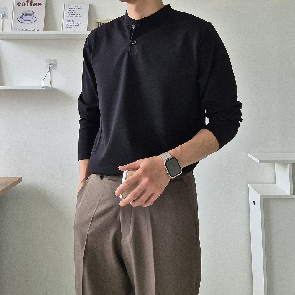 남자 긴팔티 구김없는 차이나카라 헨리넥 남자 티셔츠 이미지 4