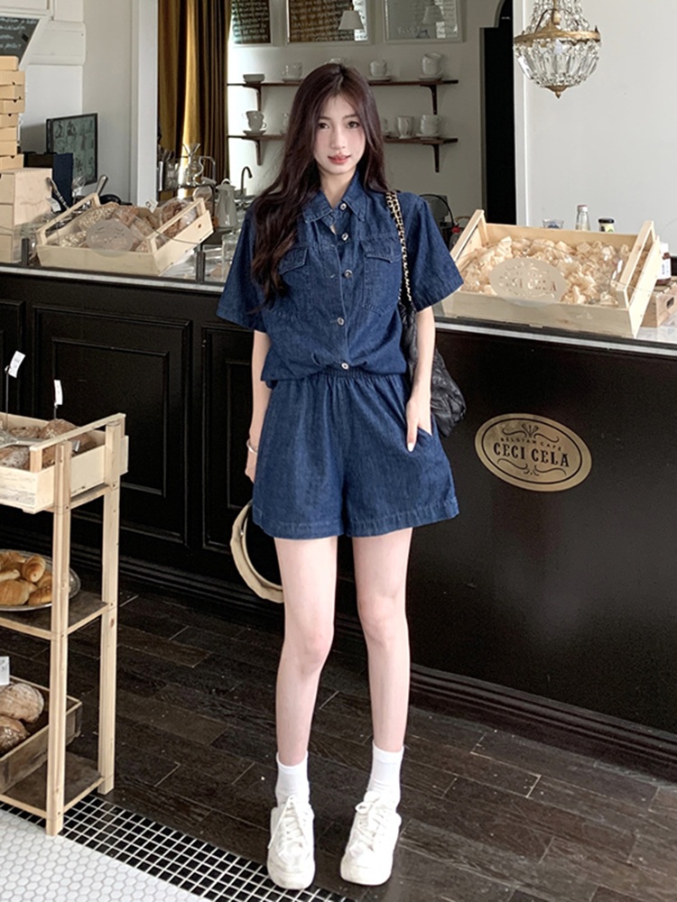 데님 반팔셔츠 반바지 세트 코디 투피스 진청 여행 여름 루즈핏 빅사이즈 얇은 밴딩 4XL - 상세 이미지 3