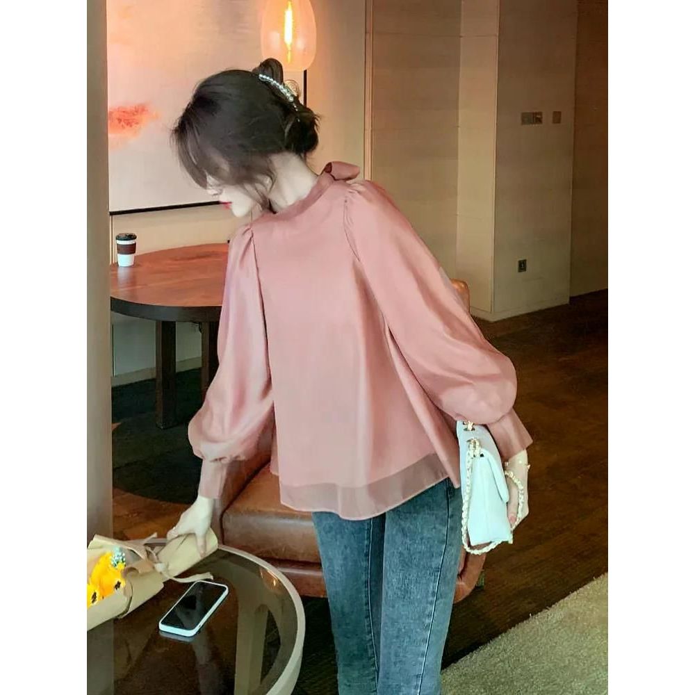 여성용 우아한 퍼프 긴팔 쉬폰 블라우스 활 타이 빈티지 궁전 럭셔리 레이디 베이직 셔츠 여성 탑 분홍색 S - 메인 이미지