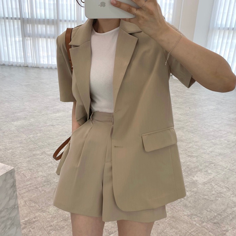 반팔 블레이저 자켓 반바지 루즈핏 캐주얼 여름 여자 정장 하이웨스트 베이지 블랙 4컬러 - 상세 이미지 5