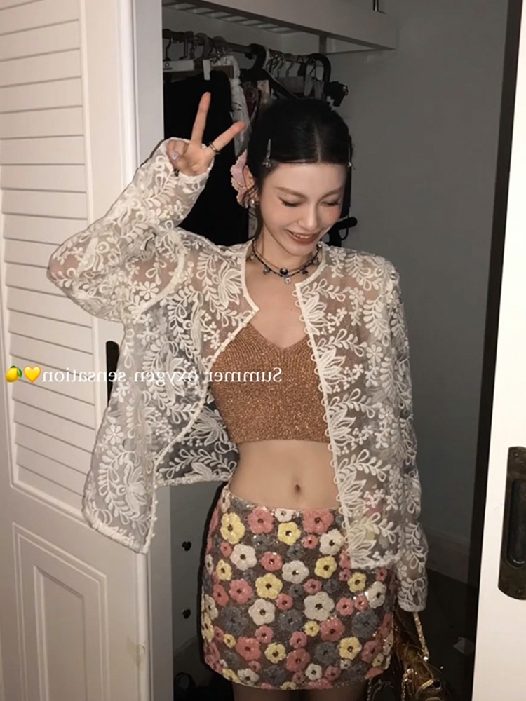 시스루 메쉬 가디건 루즈핏 플라워 자수 레이스 여름 중년여성 여행 화이트 - 상세 이미지 2