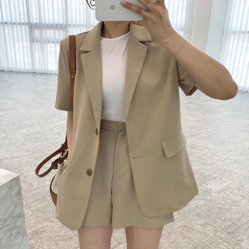반팔 블레이저 자켓 반바지 루즈핏 캐주얼 여름 여자 정장 하이웨스트 베이지 블랙 4컬러 - 상품 이미지