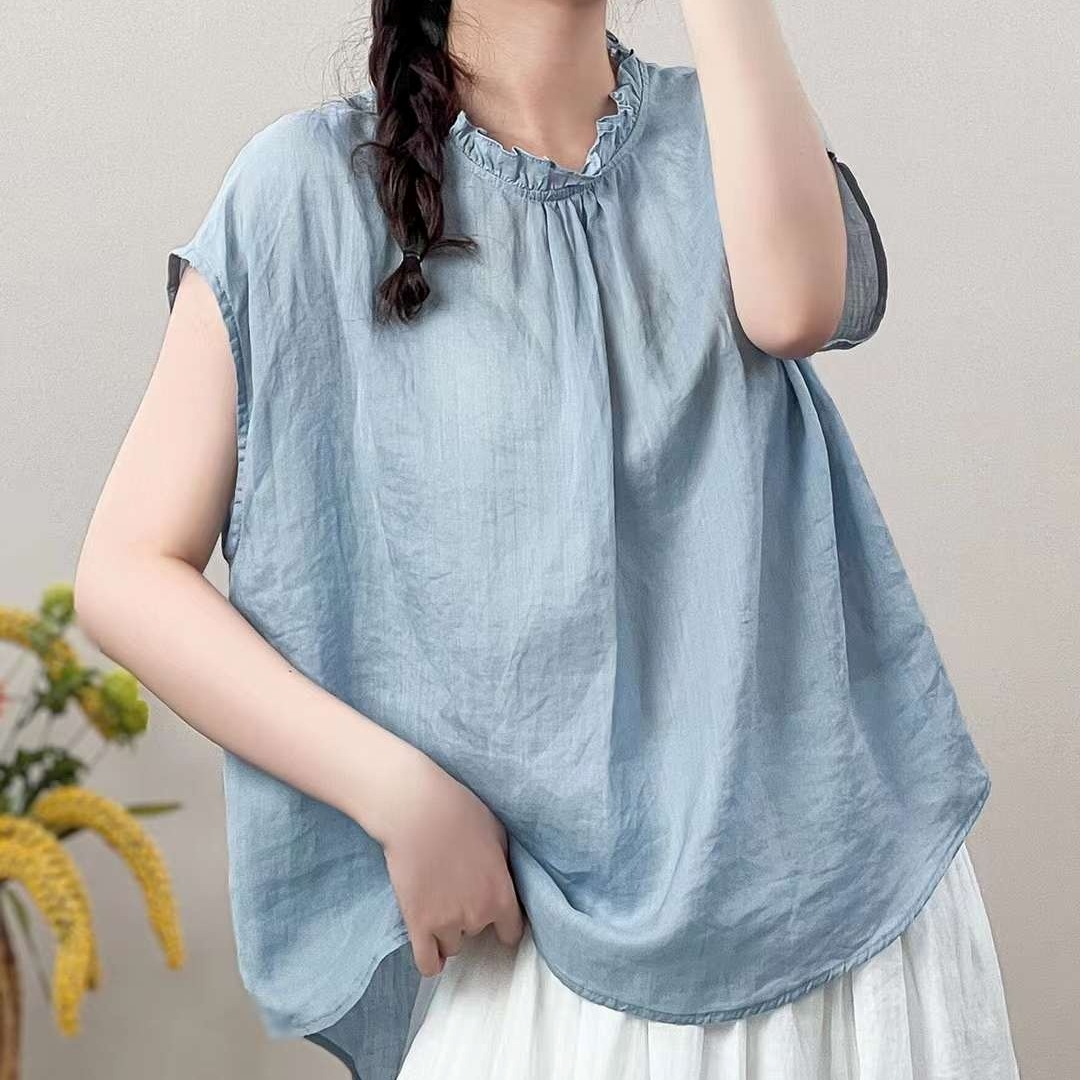 프릴블라우스 뒷단추 한여름 모시옷 루즈핏 오버핏 - 상품 이미지
