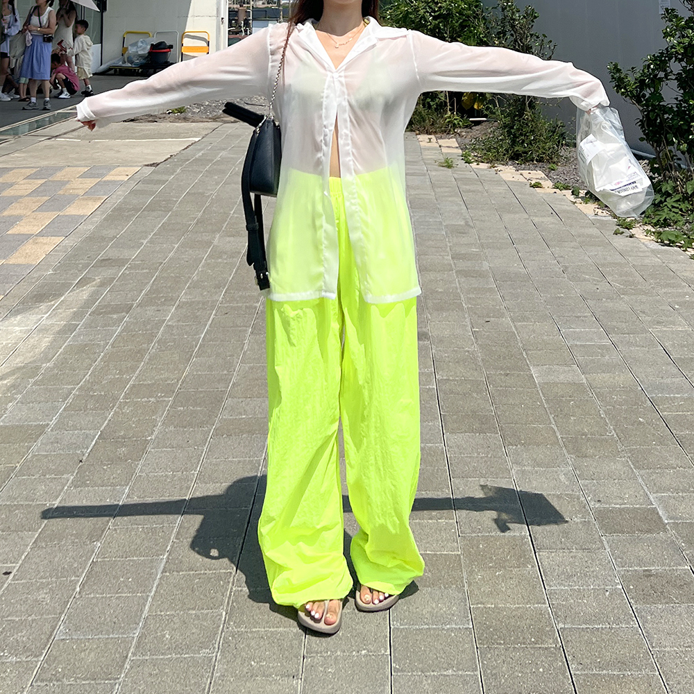 형광 바스락 나일론 스트링 트랙 트레이닝 밴딩 와이드팬츠 4color - 상세 이미지 2