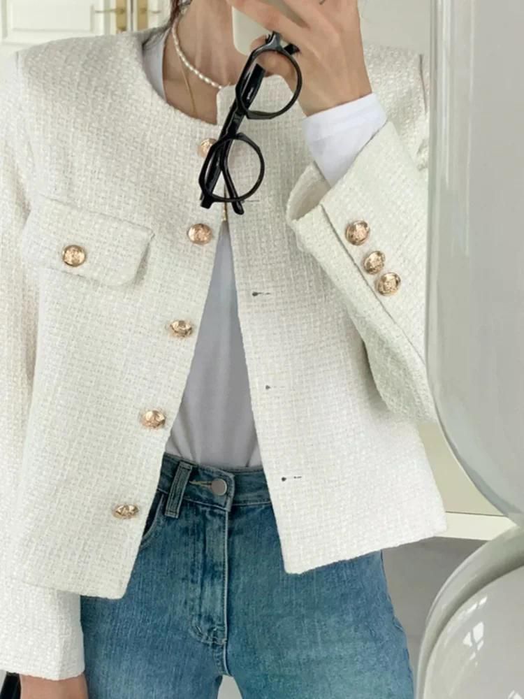 가을 따뜻한 라운드 넥 메탈 싱글 브레스트 루즈핏 트위드 거친 짧은 재킷 여성 겉옷 여성용 스카이 블루 L - 상세 이미지 2