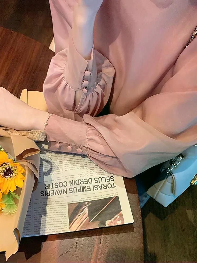 여성용 우아한 퍼프 긴팔 쉬폰 블라우스 활 타이 빈티지 궁전 럭셔리 레이디 베이직 셔츠 여성 탑 분홍색 S - 상세 이미지 3