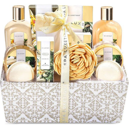 [해외]spa luxetIque SPA LUXETIQUE 여자친구를 선물 - 목욕 소금이 포함된 바닐라 향, 입욕제, 샤워 젤, 핸드 크림, 단추가 달린 헤어 터번, 크리스마스 세