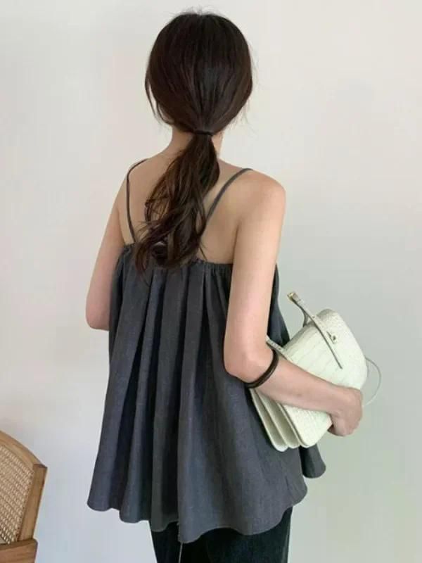 빈티지 홍콩 여름 리넨 여성 탱크탑 우아한 신선한 탑 나시 여친룩 여성용 나시 그레이 - 상세 이미지 5