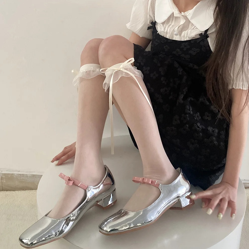 리본삭스 소녀 시스루 망사 리본 레이스 양말 발레코어 - 메인 이미지