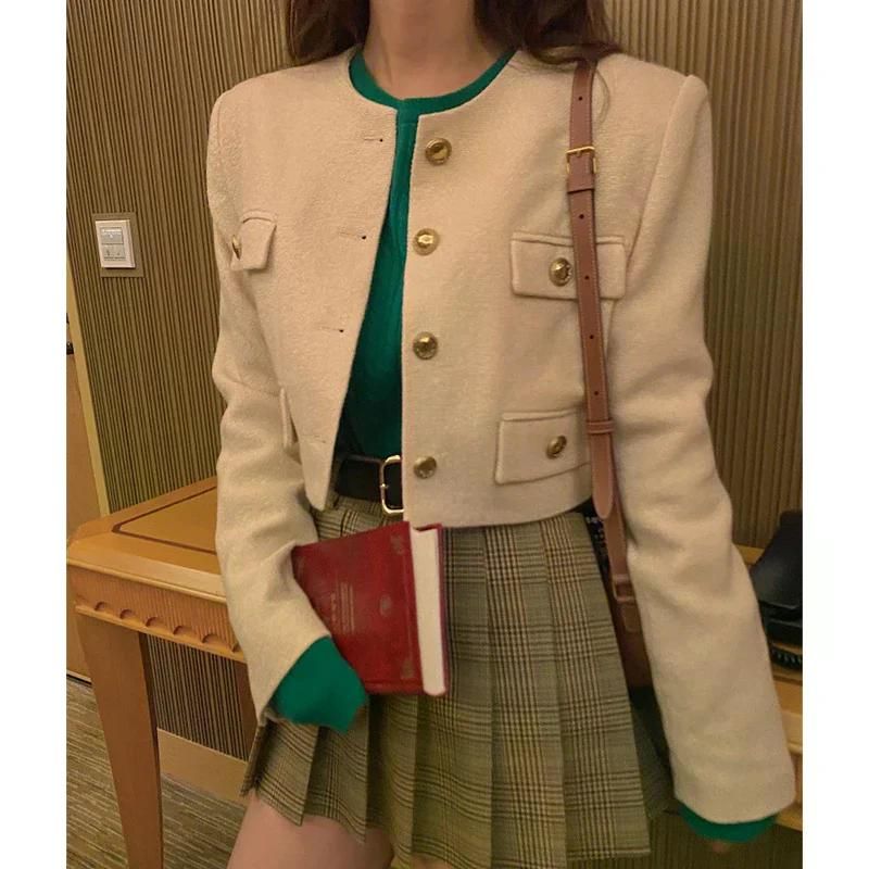 가을 여친룩 여친 스타일 라운드 넥 금속 버클 루즈 피트 캐주얼 긴 소매 자른 자켓 여성용 - 상세 이미지 2