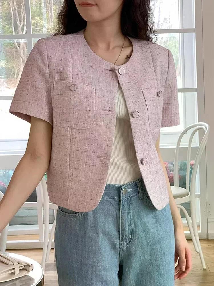 가을 스위트 트위드 라운드 넥 혼합 색상 버튼 루즈 피트 캐주얼 다목적 반팔 자켓 여성용 Pink - 상세 이미지 2