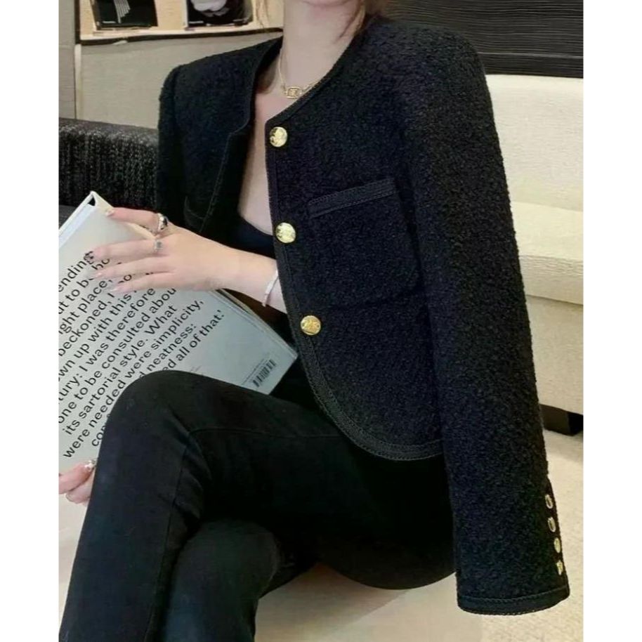 여친룩 블랙 거친 트위드 자켓 여성 자른 모직 여성용 짧은 스타일 겉옷 - 메인 이미지